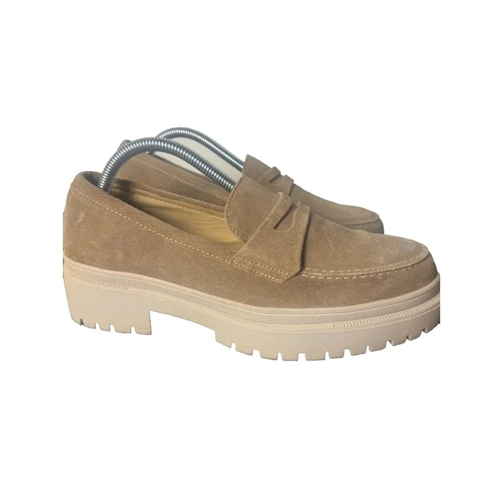 Patina Women’s 10 Taupe Suede Chunky Platform Penny Loafers Lug Sole Mexico